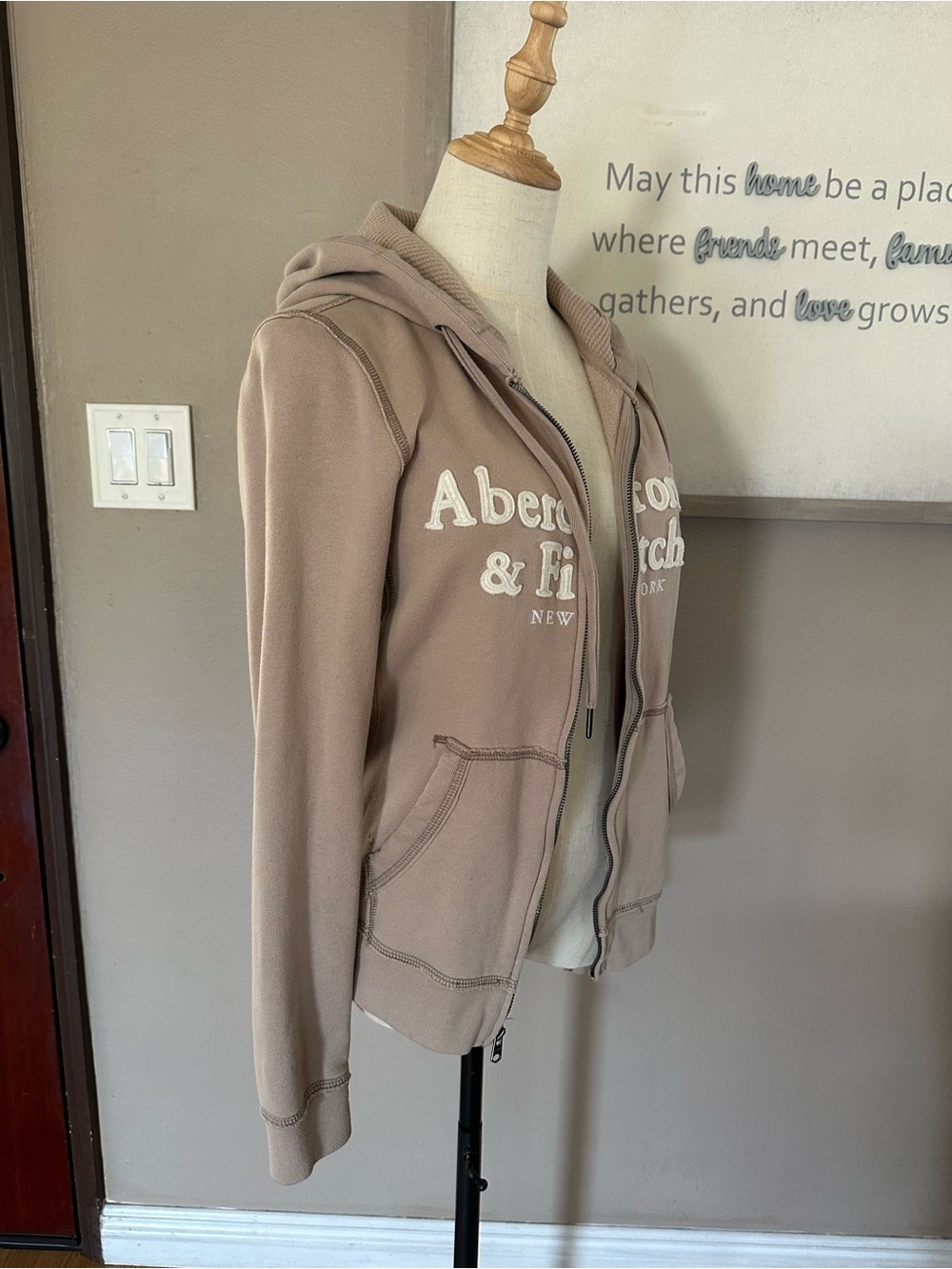 Abercrombie & Fitch Beige Zip Hoodie with Embroidered Logo